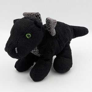 Aurora World Midnight Black Dragon Plush Green Eyes Grey Patterned Wings 9 Inch